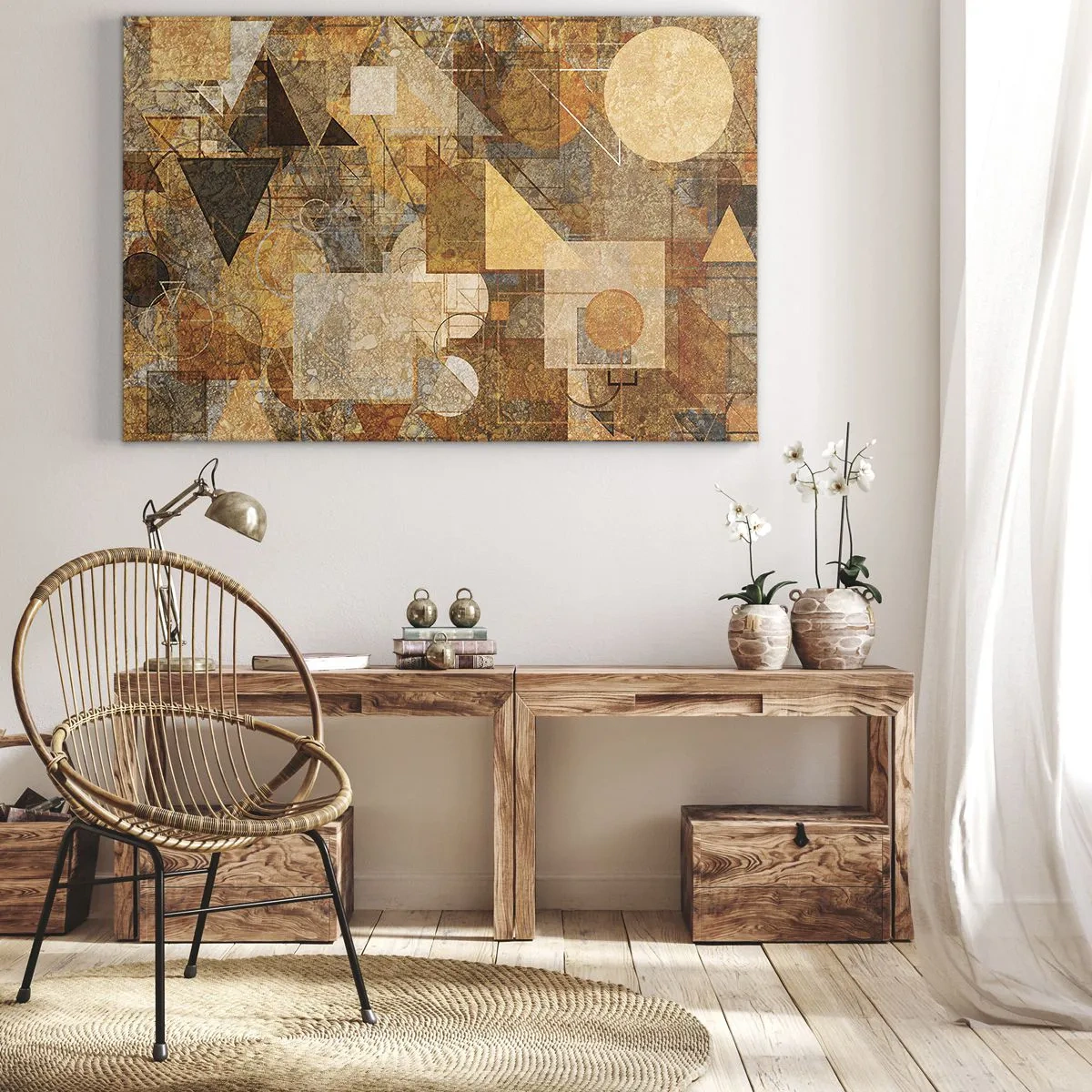 Lærredstryk - Billede på lærred - Abstrakte geometriske figurer i varme nuancer - 70x50cm - Kubistisk bronzeundersøgelse - Moderne vægdekoration til stue og soveværelse ARTTOR