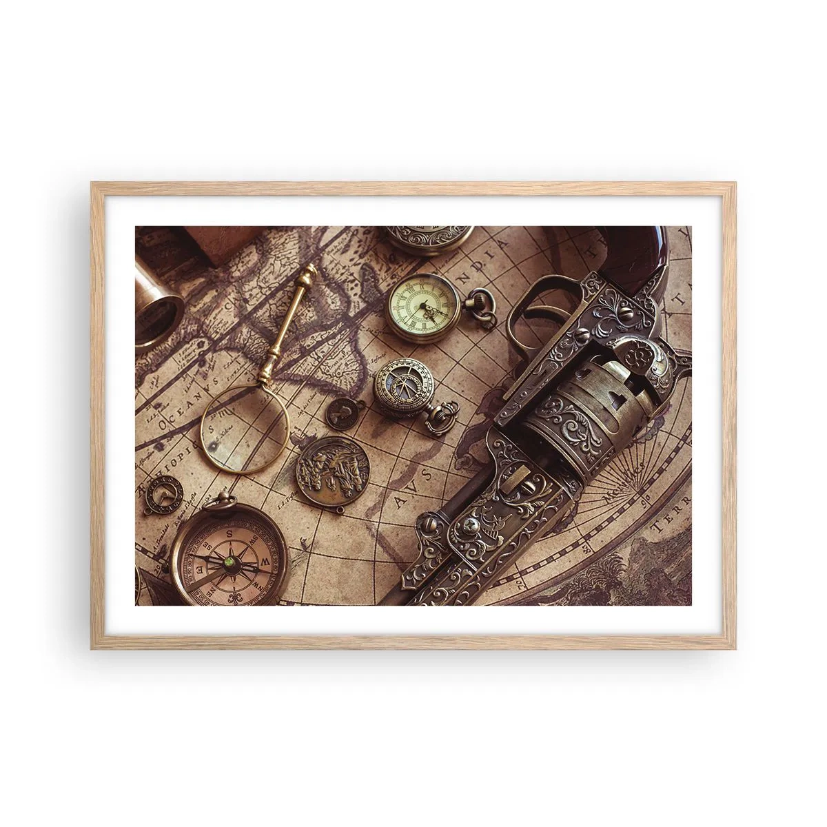 Plakat i ramme af lyst egetræ - Opkald til eventyr - 70x50 cm