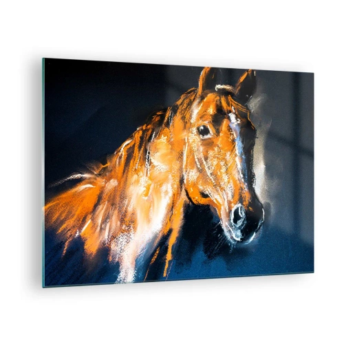 Billede på glas - Portræt af en hest i intense brune nuancer mod en mørk baggrund - 70x50cm - Hvad så, skal du af sted? - Moderne vægdekoration til stue og soveværelse ARTTOR