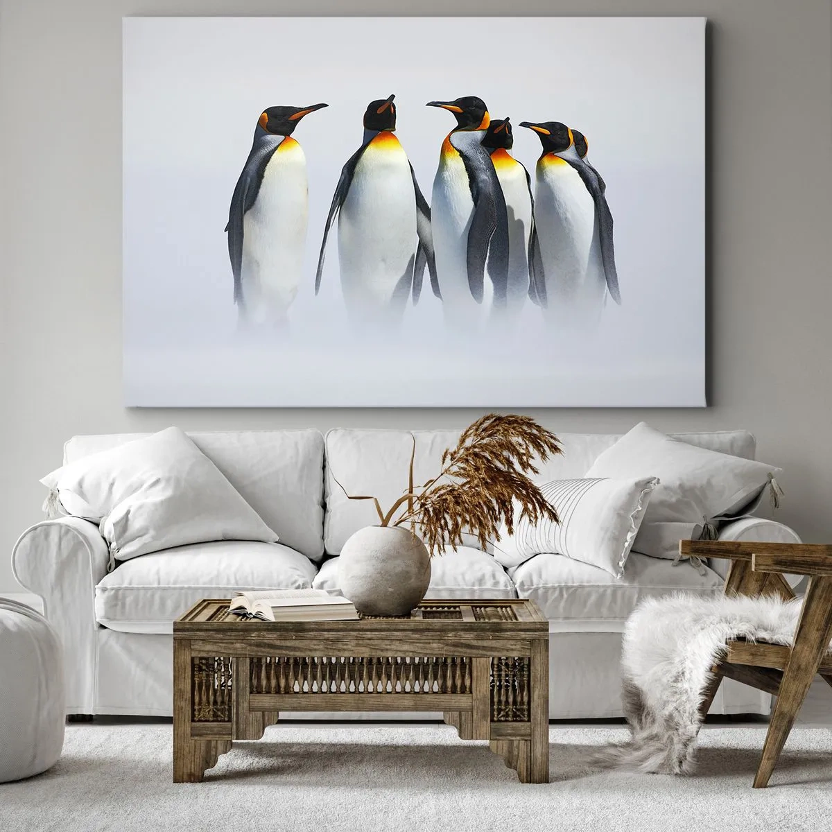 Lærredstryk - Billede på lærred - En gruppe kejserpingviner i vintertågen - 70x50cm - Møde i aftenkjole - Moderne vægdekoration til stue og soveværelse ARTTOR