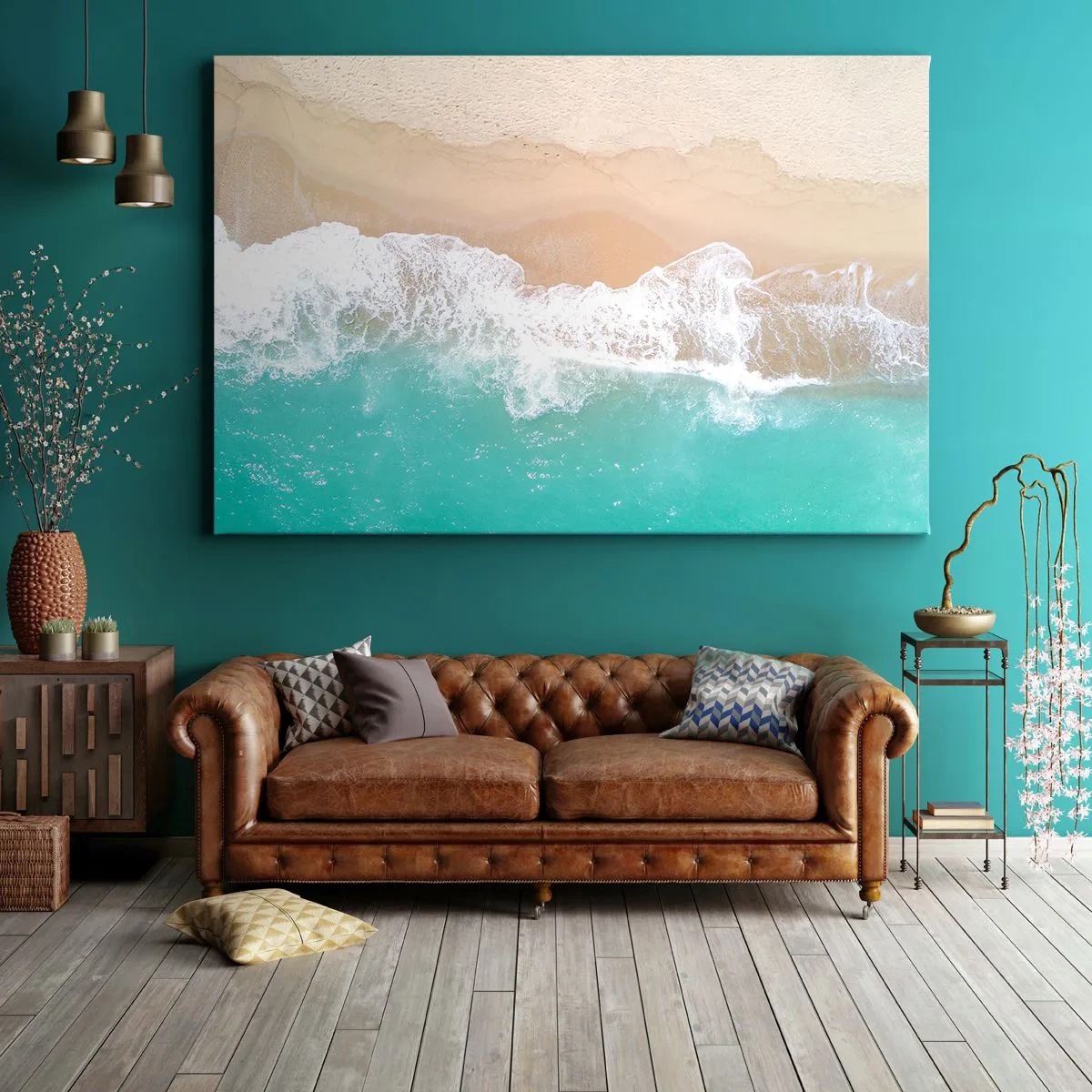 Lærredstryk - Billede på lærred - Fugleperspektiv af en strand med turkisblåt vand og blide bølger - 70x50cm - Kærlig berøring - Moderne vægdekoration til stue og soveværelse ARTTOR