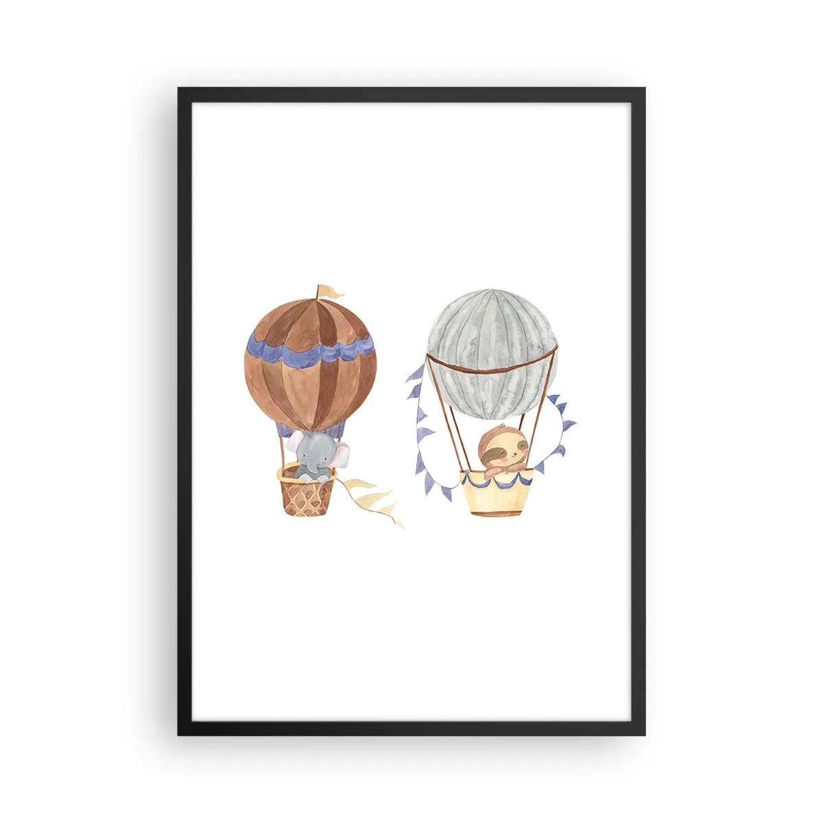 Plakat i sort ramme - Søde dyr i balloner på en hvid baggrund i akvarelstil - 50x70cm - Venner på farten - Moderne vægdekoration til stue og soveværelse ARTTOR
