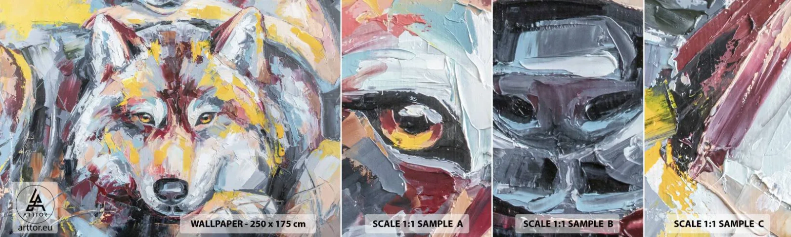 Fototapet Prøve Standard Eco - Fred blandt kære - Abstraktion, Ulv, Maleri - 100x30 cm