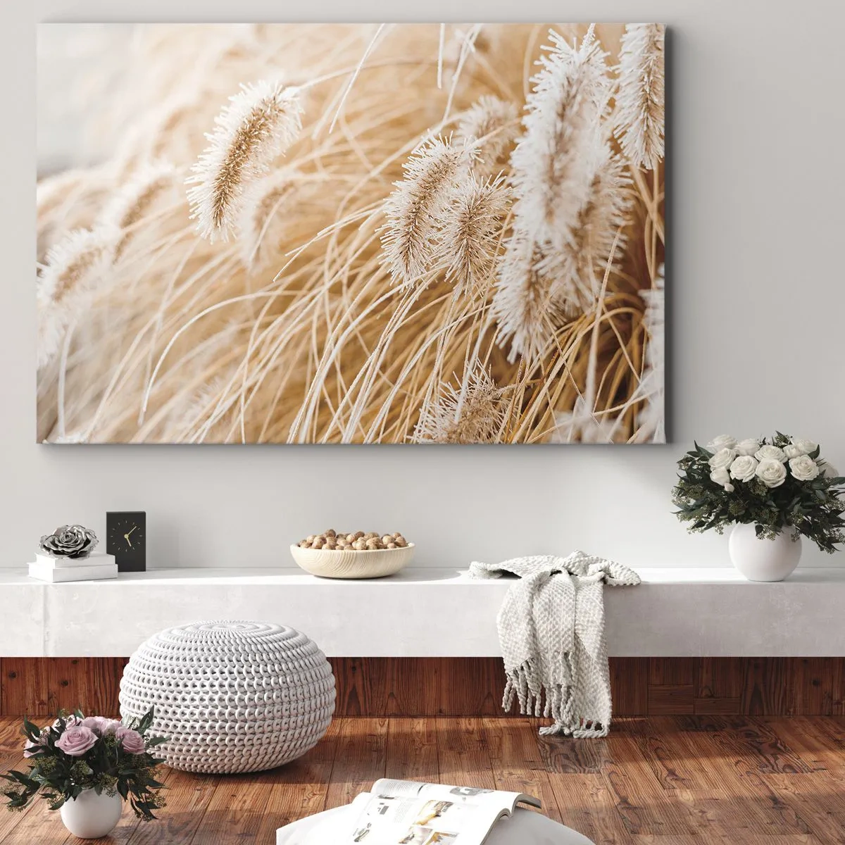 Lærredstryk - Billede på lærred - Nærbillede af gyldne, fine græsser i sollyset - 70x50cm - Gyldent susen af græsser - Moderne vægdekoration til stue og soveværelse ARTTOR