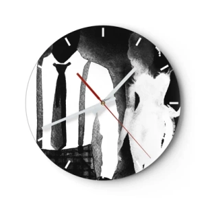 Vægur, Uret - Silhuetter af en kvinde og en mand i en sort-hvid noir-atmosfære - 30x30cm - I en noir-atmosfære - Moderne vægdekoration til stue, køkken og soveværelse ARTTOR