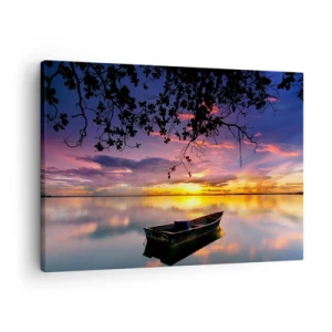 Lærredstryk - Billede på lærred - En båd på roligt vand ved solnedgang - 70x50cm - "Det ser ud til, at du hænger midt på himlen..." - Moderne vægdekoration til stue og soveværelse ARTTOR
