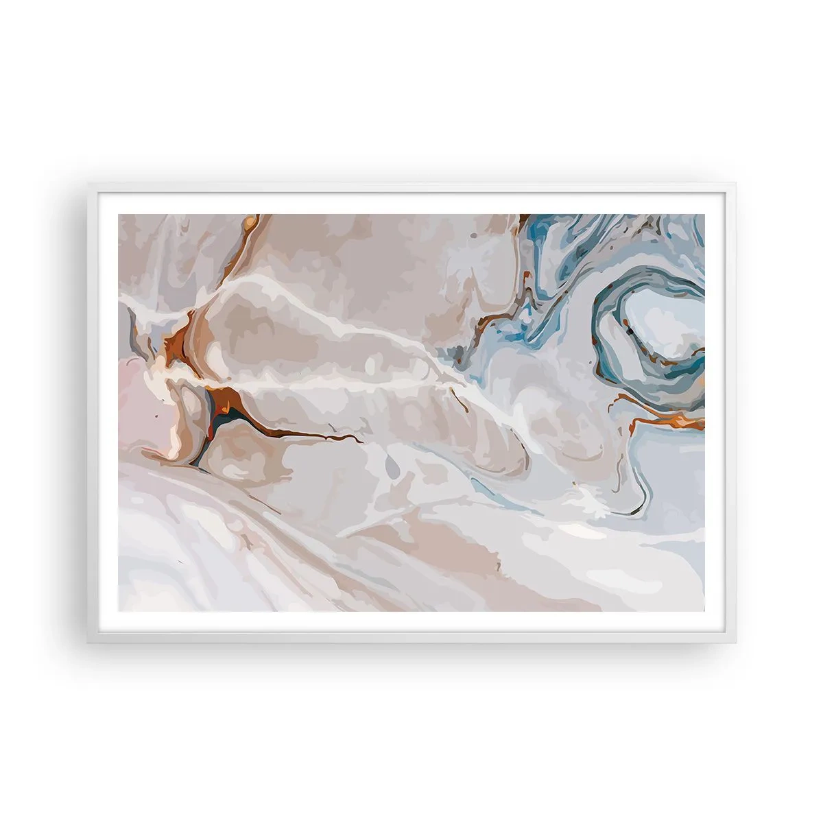 Plakat i hvid ramme - Blå slynger sig under det hvide - 100x70 cm