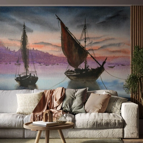 Fototapet Premium Sand - Aften i havnen - Sejlbåde, Ved havet, Landskab - 250x175 cm