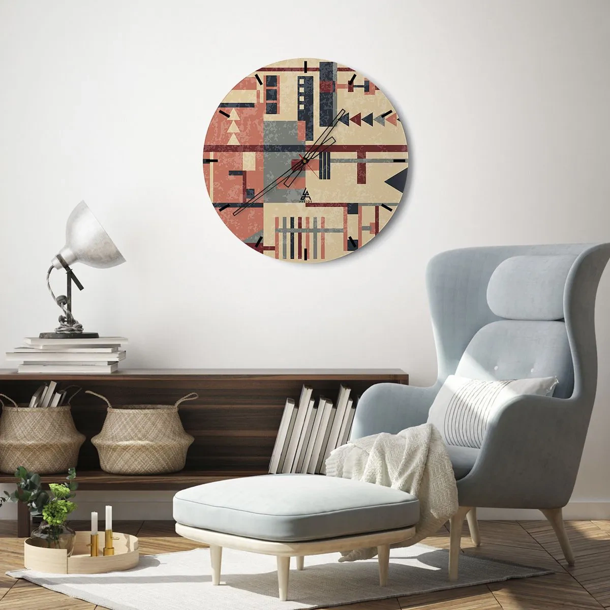 Vægur, Uret - Abstrakt geometrisk mønster i nuancer af beige, rød og grå - 30x30cm - Kombination af vertikaler og niveauer - Moderne vægdekoration til stue, køkken og soveværelse ARTTOR