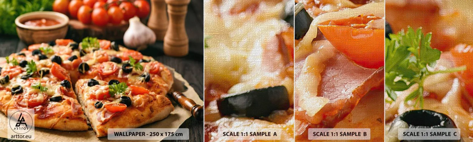 Prøve Fototapet Premium Canvas - Du er sluppet af sted med det igen - Gastronomi, Pizza, Tomat - 100x30 cm