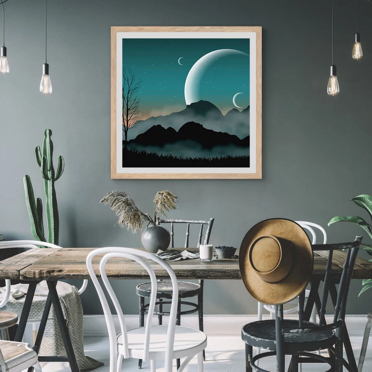 Plakat i ramme af lyst egetræ - Karneval i den stjerneklare nat - 50x50 cm