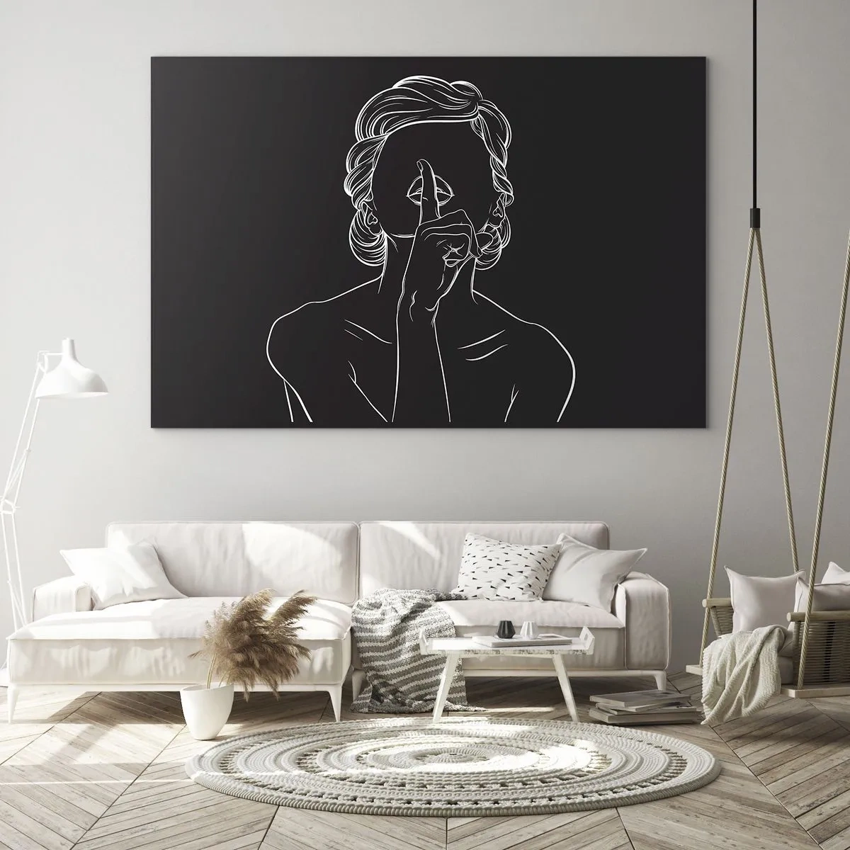 Billede på glas - En minimalistisk silhuet af en kvinde, der laver en tavs gestus. - 70x50cm - Skønhed blomstrer i stilhed - Moderne vægdekoration til stue og soveværelse ARTTOR