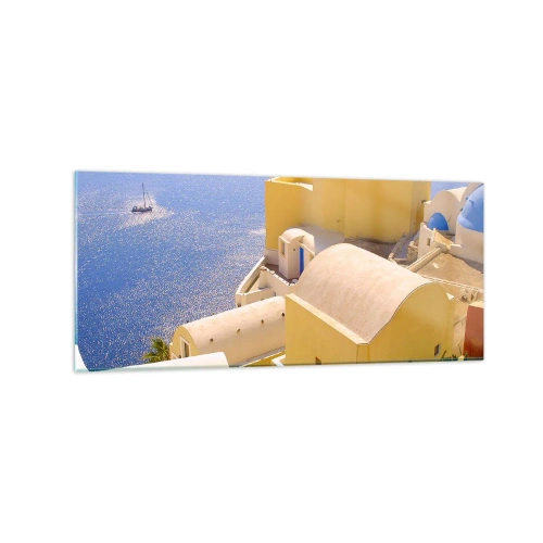 Billede på glas - Græsk landskab i hvid og blå - 120x50 cm