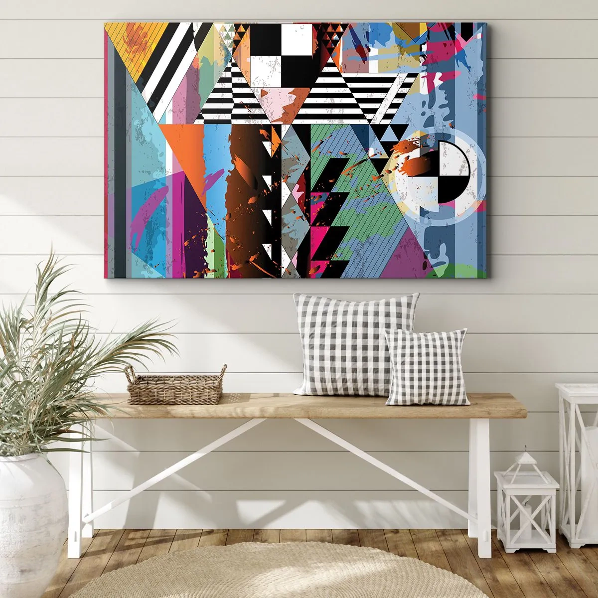 Lærredstryk - Billede på lærred - Abstrakt geometrisk komposition med levende farver - 70x50cm - Geometrisk og organisk - Moderne vægdekoration til stue og soveværelse ARTTOR