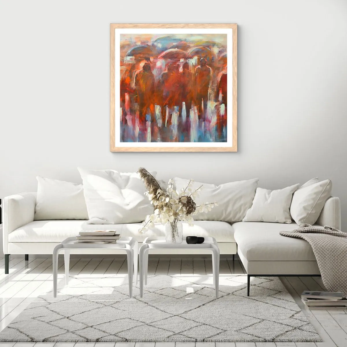 Plakat i ramme af lyst egetræ - Lige i regn og tåge - 30x30 cm