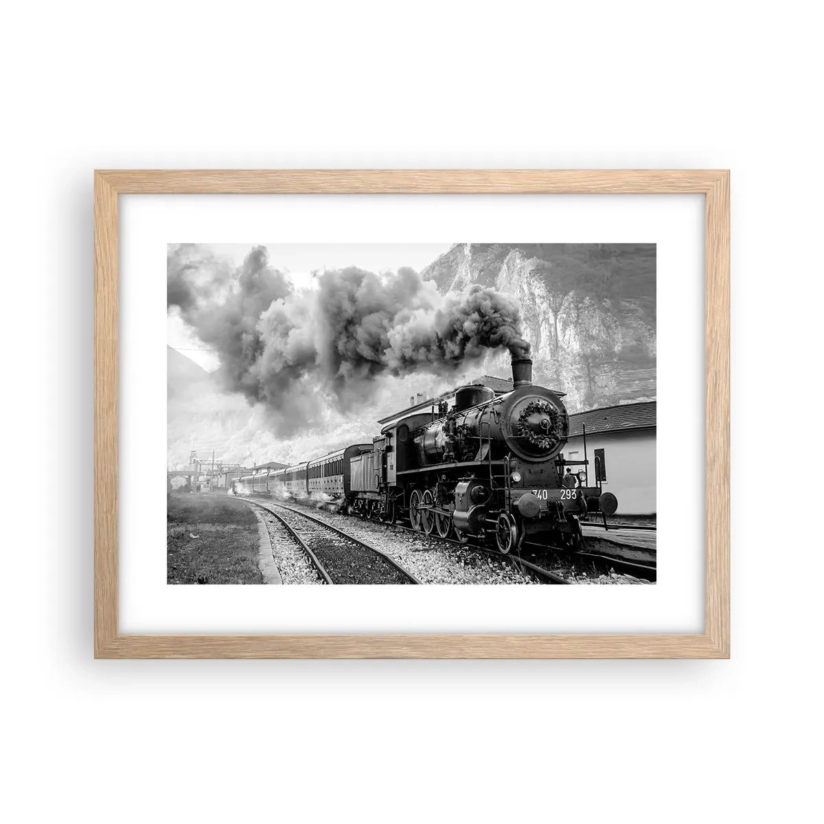 Plakat i ramme af lyst egetræ - Står på stationen... - 40x30 cm