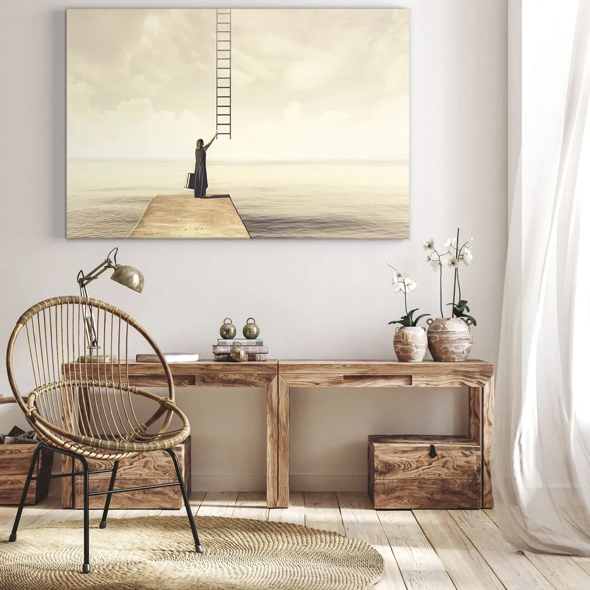 Lærredstryk - Billede på lærred - En kvinde stående på en mole med en stige, der fører op til himlen - 70x50cm - En magisk rejse - Moderne vægdekoration til stue og soveværelse ARTTOR
