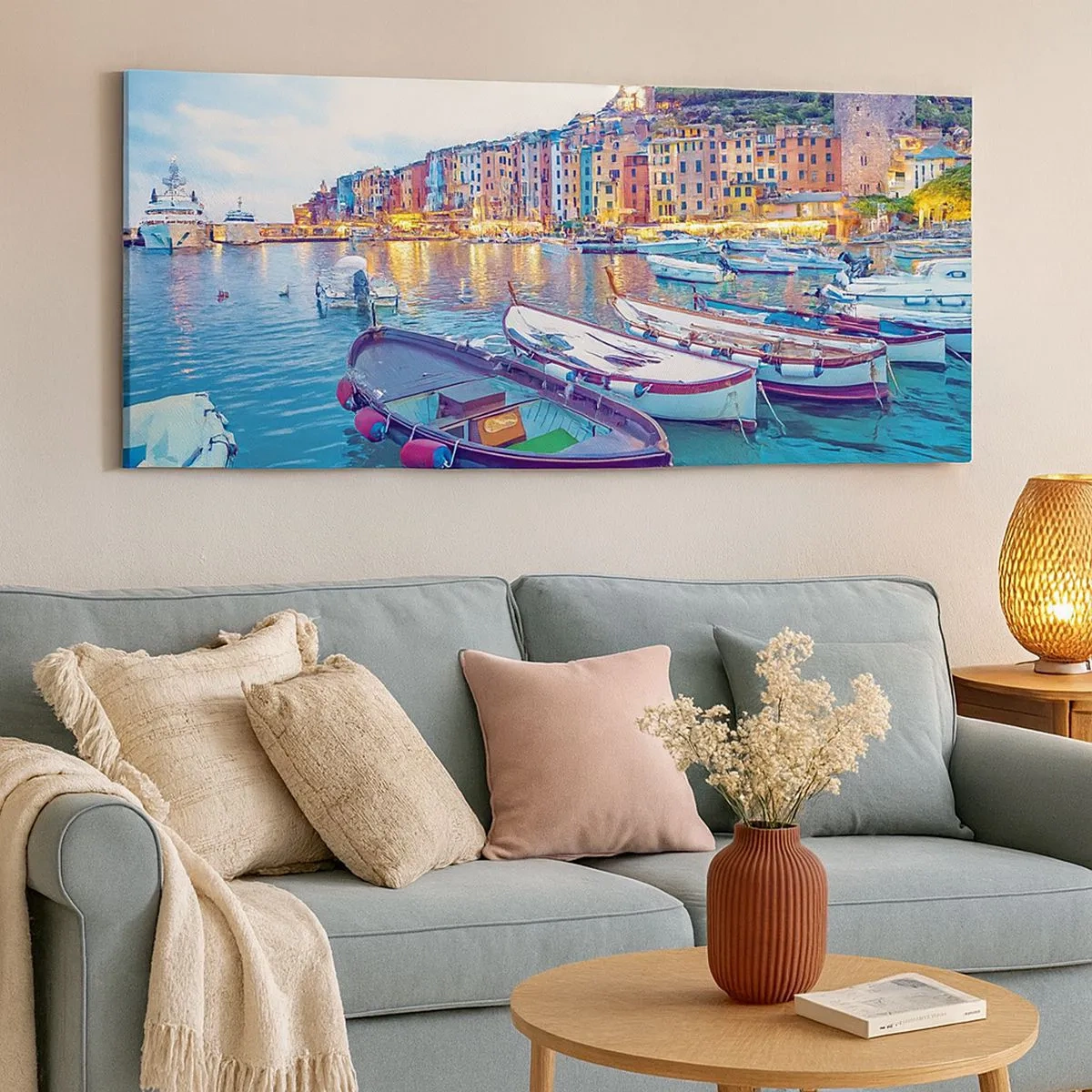 Lærredstryk - Billede på lærred - En farverig aften i havnen - 100x40 cm