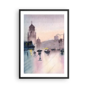 Plakat i sort ramme - Byscene med silhuetter af mennesker og lys i regntågen - 50x70cm - I en regnfuld tåge - Moderne vægdekoration til stue og soveværelse ARTTOR