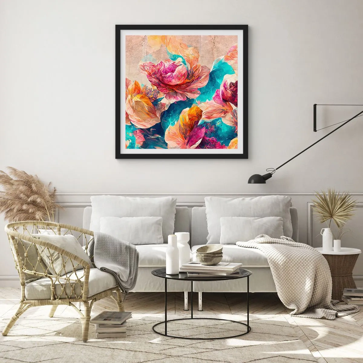 Plakat i sort ramme - Den farverige pragt i en buket - 30x30 cm