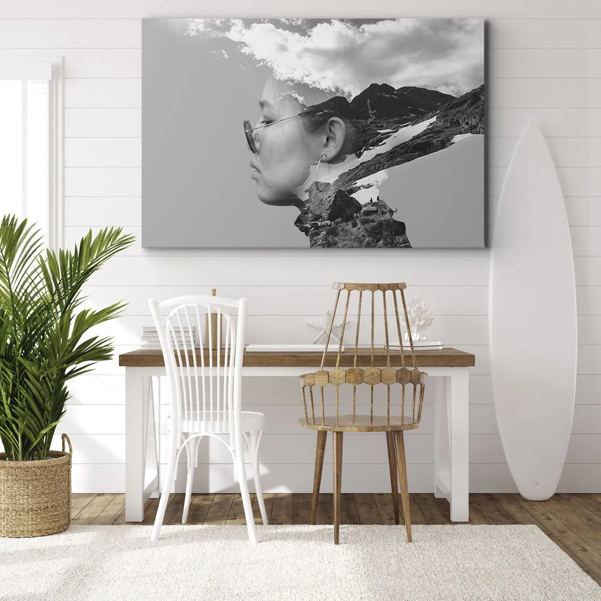 Lærredstryk - Billede på lærred - En sort-hvid komposition med en kvindesilhuet og et bjerglandskab. - 70x50cm - Portræt af toppen og skyen - Moderne vægdekoration til stue og soveværelse ARTTOR