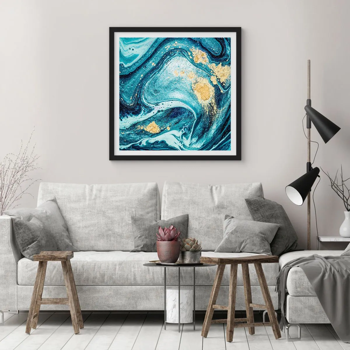 Plakat i sort ramme - Blå boblebad - 30x30 cm