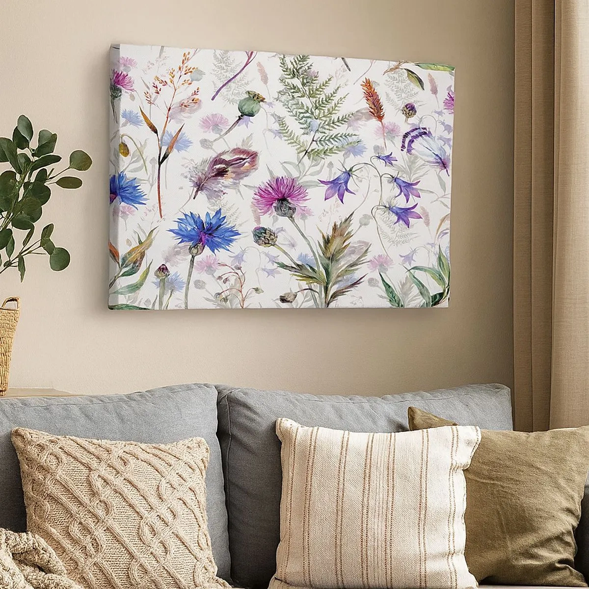 Lærredstryk - Billede på lærred - Akvarelblomster og urter på en hvid baggrund i herbariumstil - 70x50cm - Polsk herbarium - Moderne vægdekoration til stue og soveværelse ARTTOR
