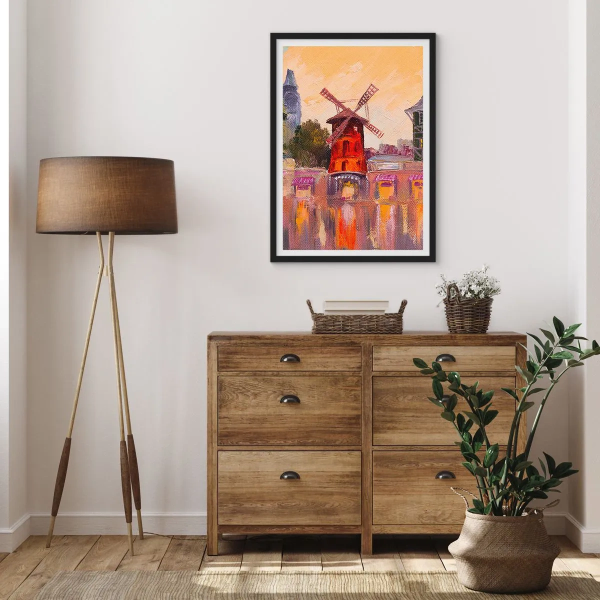 Plakat i sort ramme - En malerisk fortolkning af den berømte vindmølle med byen som baggrund - 50x70cm - Parisiske ikoner - Moulin Rouge - Moderne vægdekoration til stue og soveværelse ARTTOR
