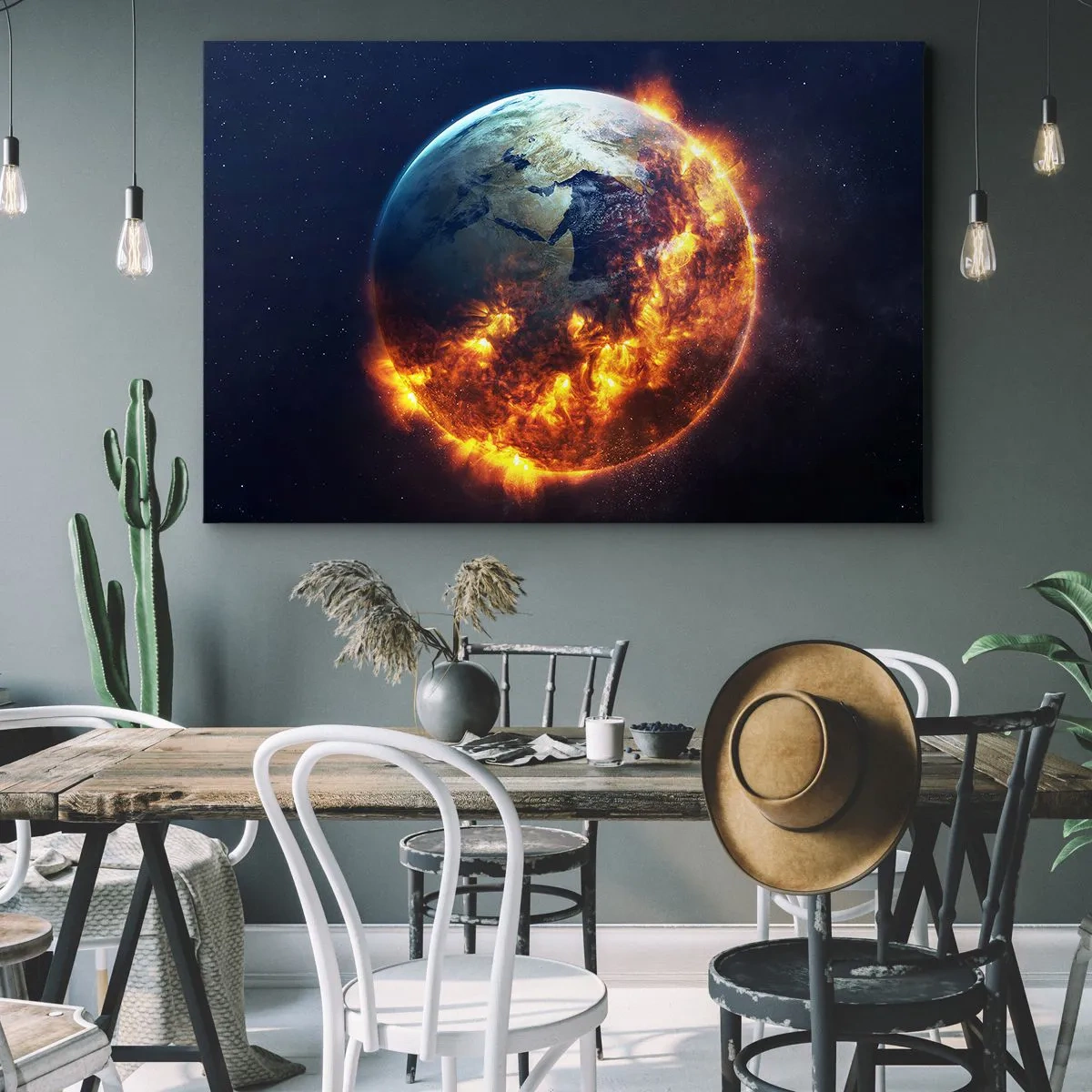 Lærredstryk - Billede på lærred - Planeten Jorden i brand i det ydre rum - 70x50cm - Apokalypsens flamme - Moderne vægdekoration til stue og soveværelse ARTTOR