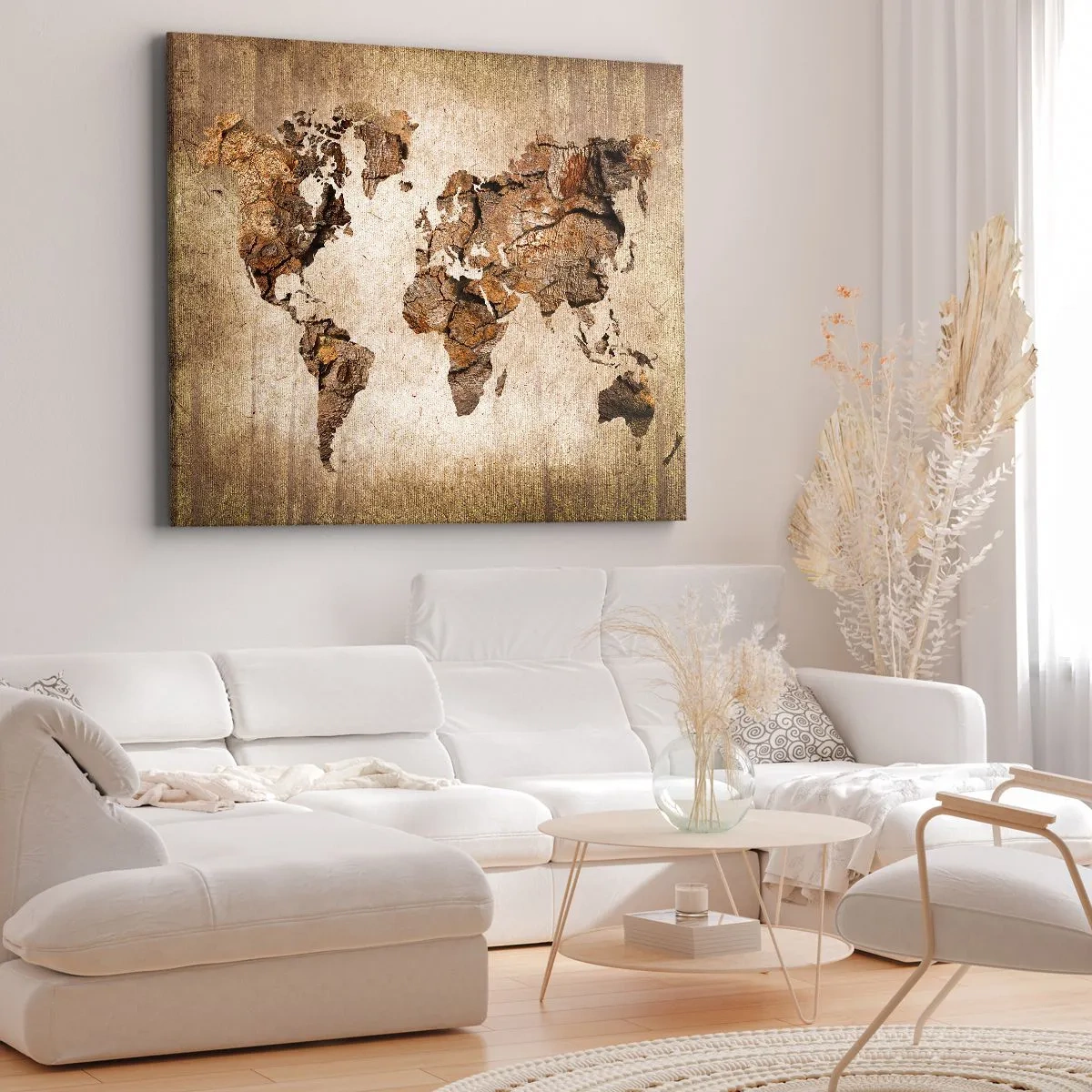 Lærredstryk - Billede på lærred - Et verdenskort i rustik træstil - 70x50cm - Opdagelse af verden - Moderne vægdekoration til stue og soveværelse ARTTOR