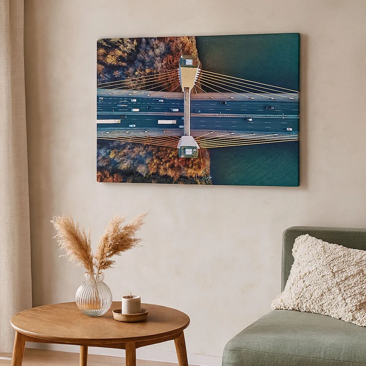 Lærredstryk - Billede på lærred - Luftfoto af broen over floden og efterårslandskabet - 70x50cm - Bag vandet, bag skovene - Moderne vægdekoration til stue og soveværelse ARTTOR