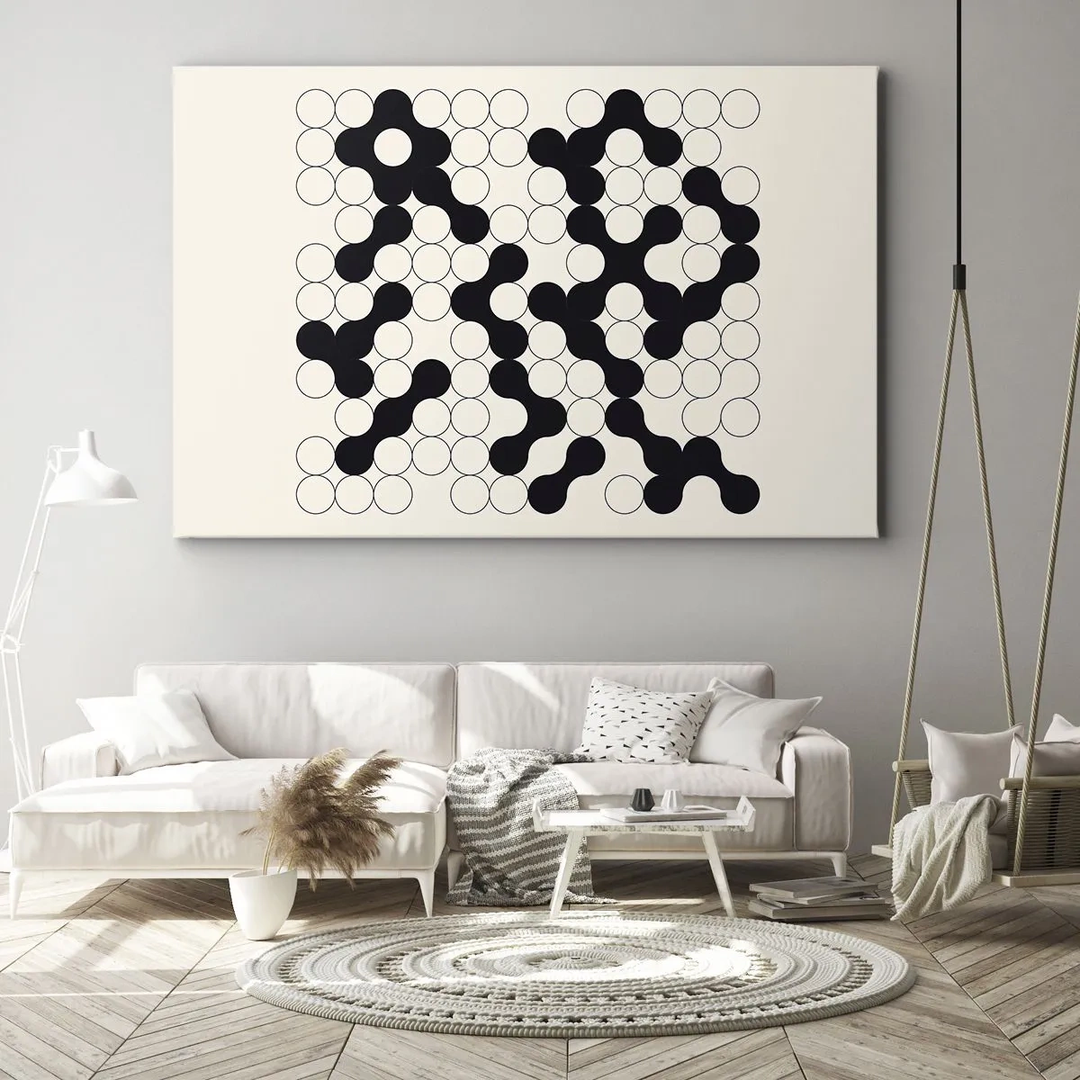 Lærredstryk - Billede på lærred - Sort-hvide mønstre med cirkler på en lys baggrund - 70x50cm - Kinesisk spil - variation - Moderne vægdekoration til stue og soveværelse ARTTOR