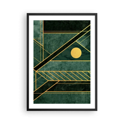 Plakat i sort ramme - Geometrisk abstraktion i grønt med gulddetaljer - 50x70cm - Dynamikken i guld og azurblå - Moderne vægdekoration til stue og soveværelse ARTTOR