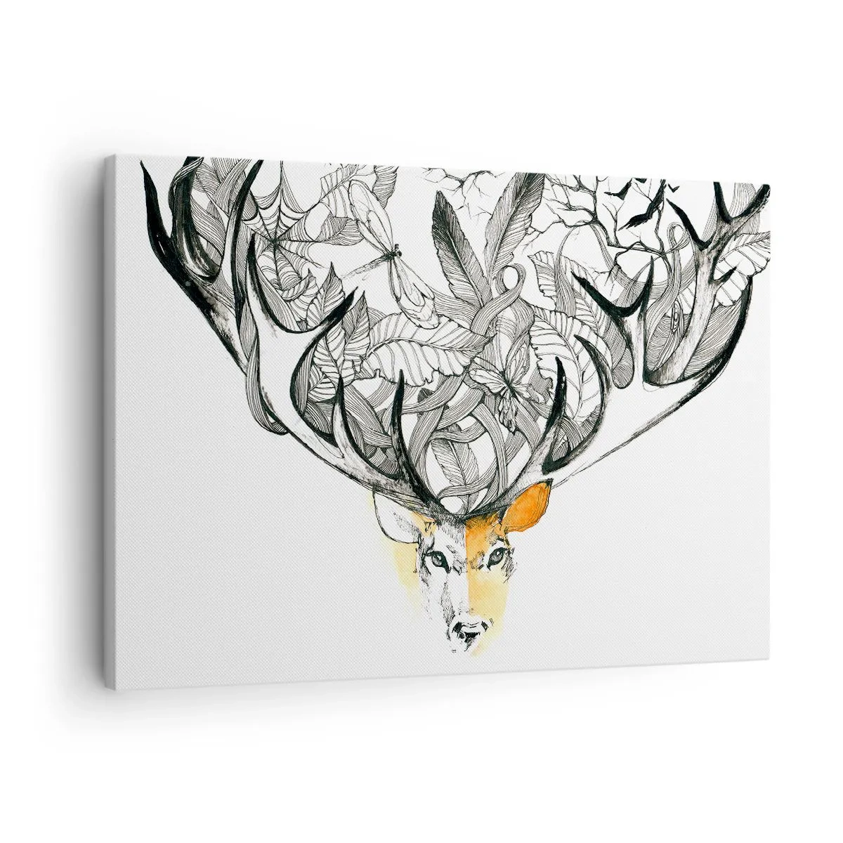 Lærredstryk - Billede på lærred - Diskret hjortegrafik med dekorative gevirer - 70x50cm - Horn af overflod - Moderne vægdekoration til stue og soveværelse ARTTOR