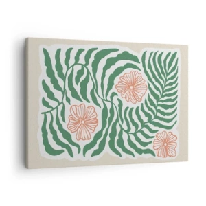 Lærredstryk - Billede på lærred - Et minimalistisk motiv af grønne blade med blomster i orange nuancer. - 70x50cm - Blomstrede i grønt - Moderne vægdekoration til stue og soveværelse ARTTOR