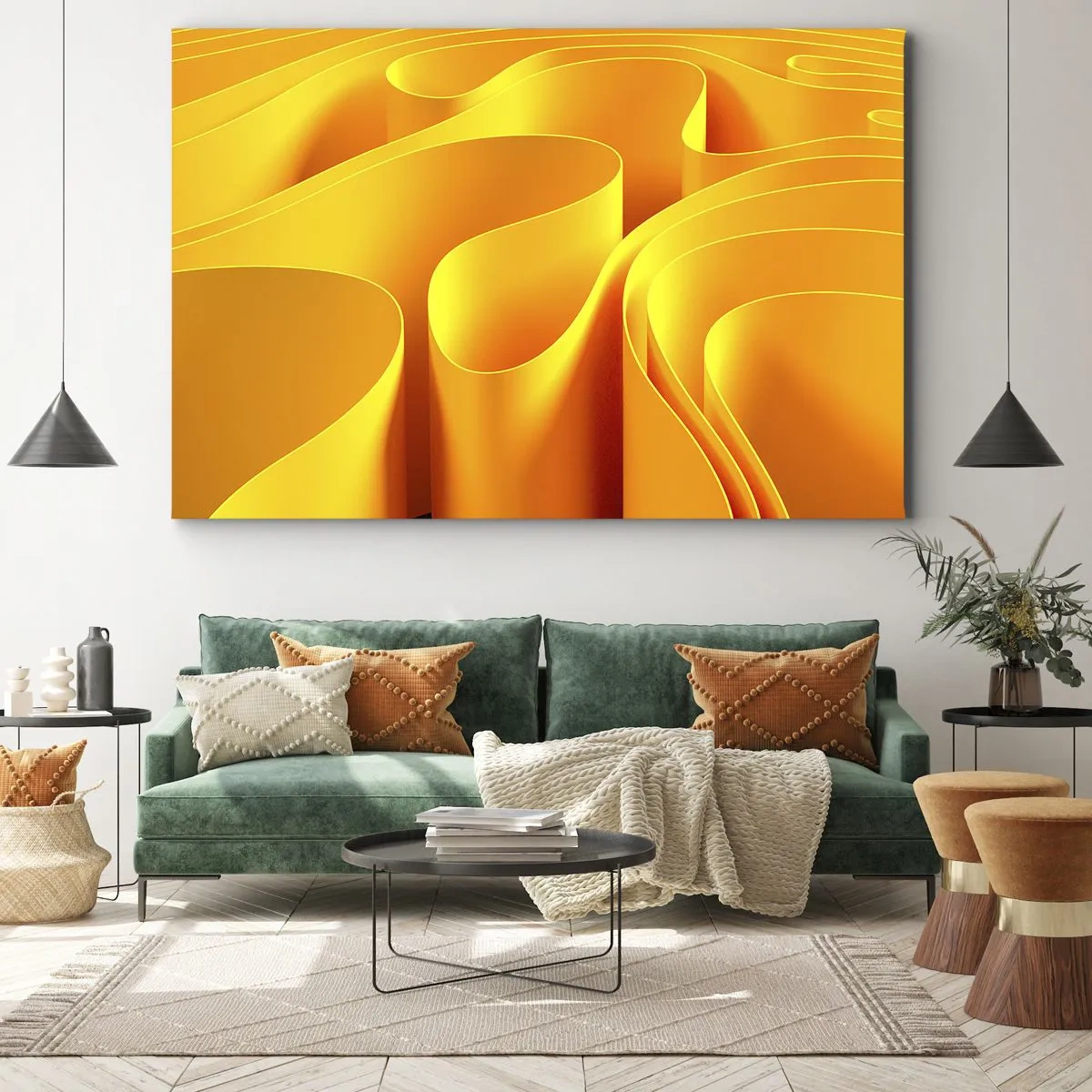 Lærredstryk - Billede på lærred - Gule abstrakte bølger, der ligner solstråler - 70x50cm - Som solens bølger - Moderne vægdekoration til stue og soveværelse ARTTOR