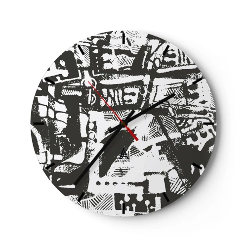 Vægur, Uret - Sort og hvidt abstrakt mønster med geometriske former - 30x30cm - Orden eller kaos? - Moderne vægdekoration til stue, køkken og soveværelse ARTTOR