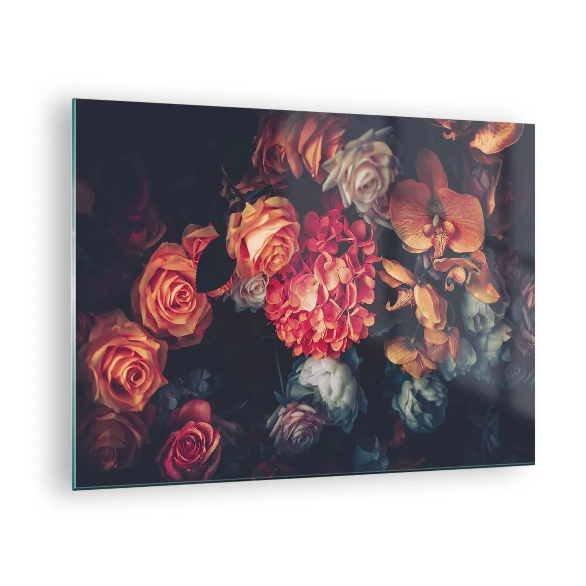 Billede på glas - Mørkt blomsterarrangement med roser og orkideer - 70x50cm - Ligesom de hollandske mestre - Moderne vægdekoration til stue og soveværelse ARTTOR