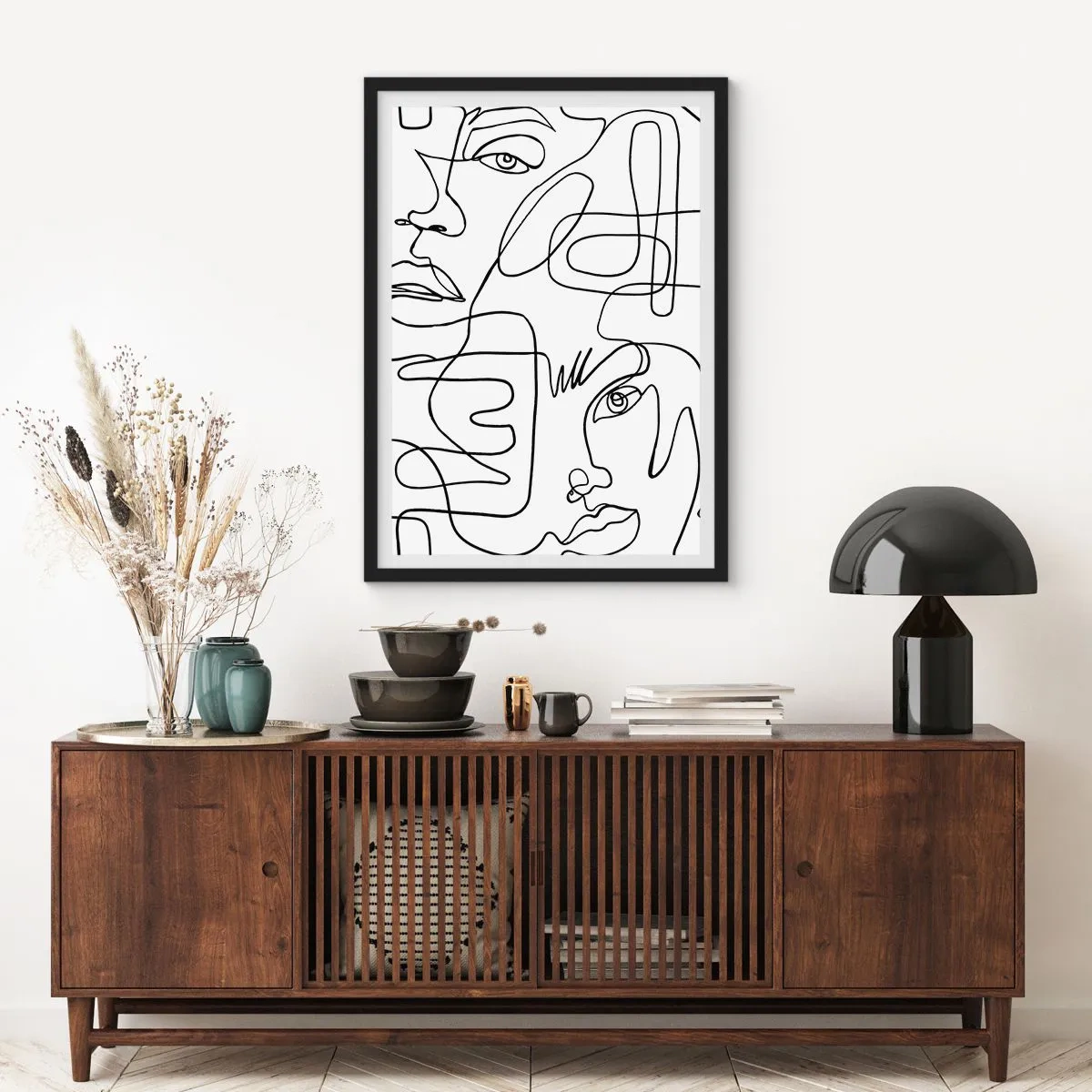 Plakat i sort ramme - Abstrakte ansigter tegnet med én linje - 50x70cm - I sammenfiltrede følelser - Moderne vægdekoration til stue og soveværelse ARTTOR