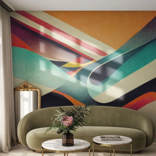 Fototapet Standard Eco - Farverige abstrakte retrobølger på en orange baggrund - 100x70cm - Intens komposition - Moderne vægdekoration til stue og soveværelse ARTTOR