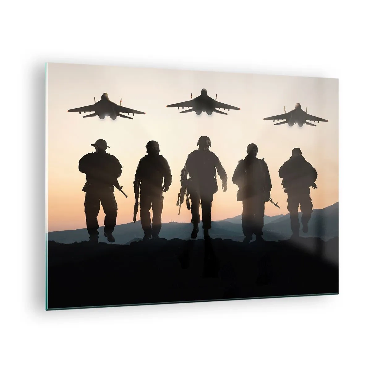 Billede på glas - Soldater mod baggrund af den nedgående sol og jetfly - 70x50cm - Velkommen til vores verden - Moderne vægdekoration til stue og soveværelse ARTTOR