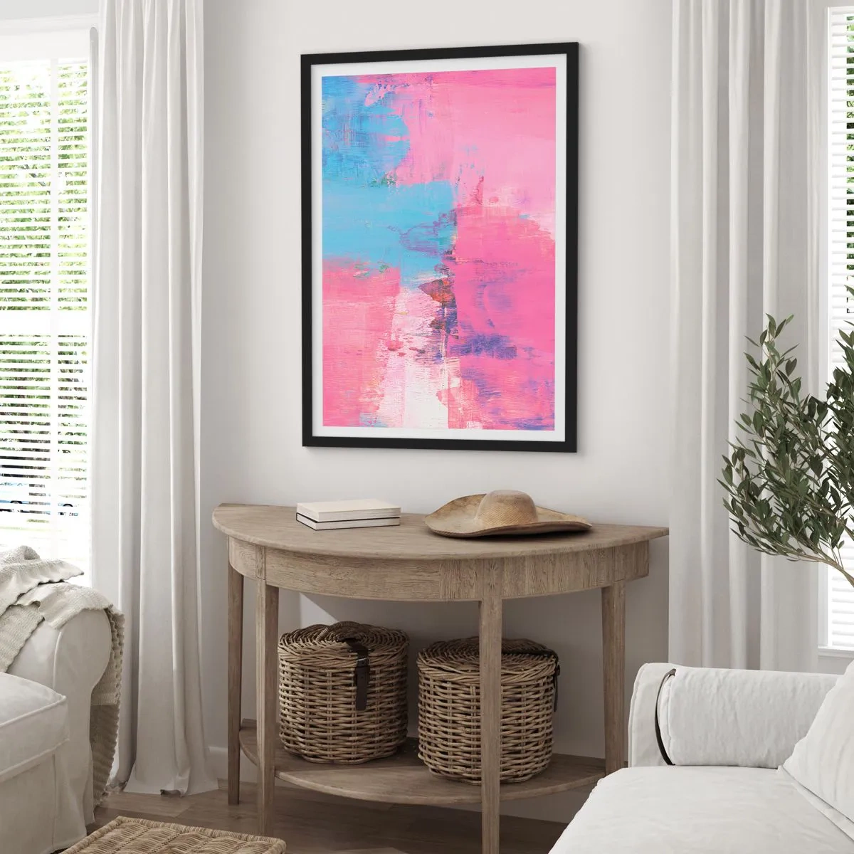 Plakat i sort ramme - Abstrakt komposition i nuancer af lyserød og blå - 50x70cm - Lyserød, blå og en knivspids lys - Moderne vægdekoration til stue og soveværelse ARTTOR