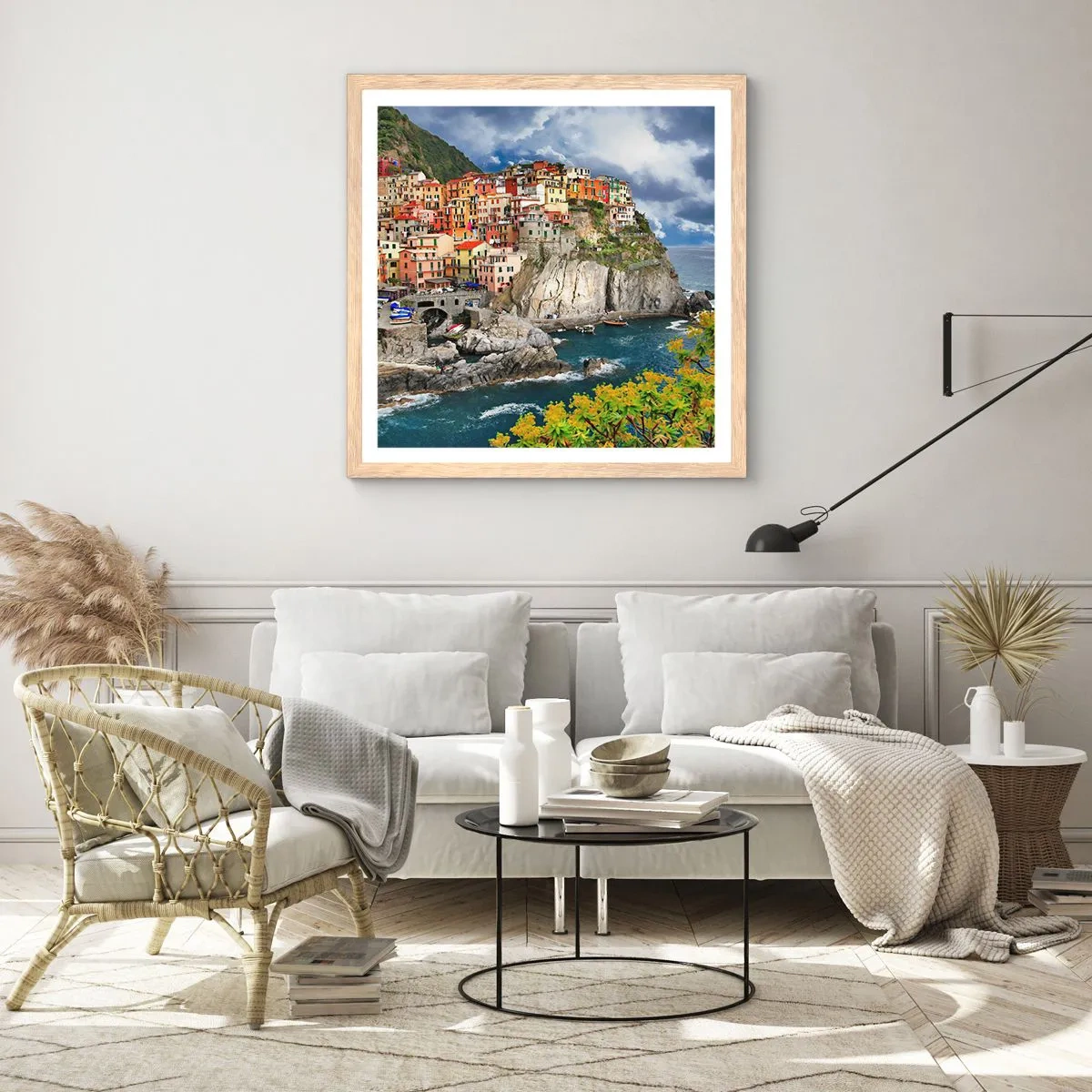 Plakat i ramme af lyst egetræ - En klynge klæber sig til klipperne - 30x30 cm