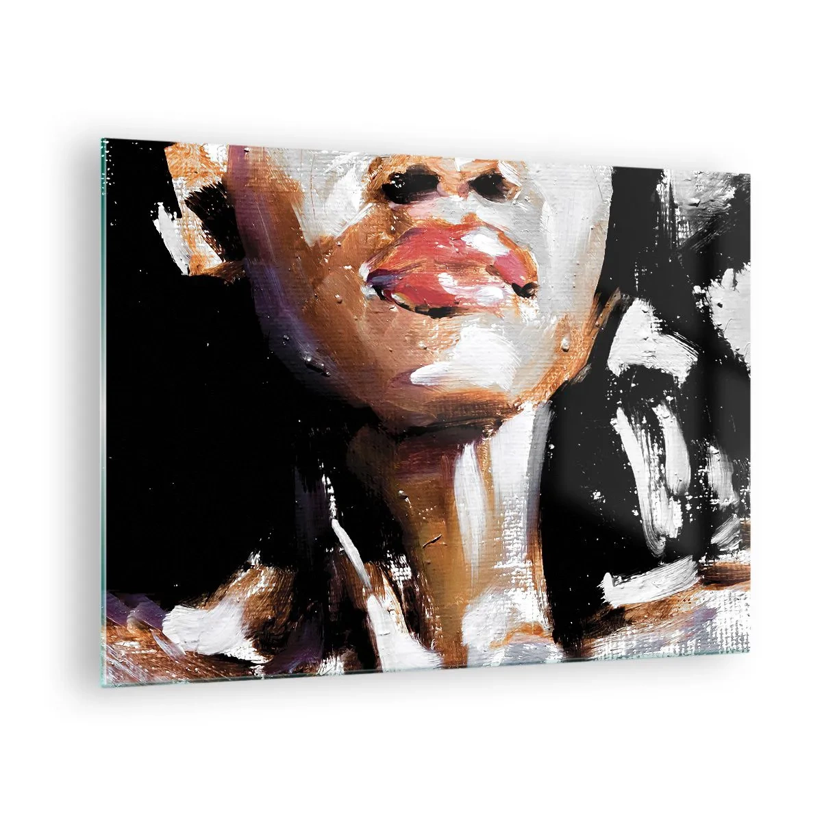 Billede på glas - Nærbillede af et farverigt portræt af en kvinde i en udtryksfuld stil - 70x50cm - Stolthed uden fordomme - Moderne vægdekoration til stue og soveværelse ARTTOR