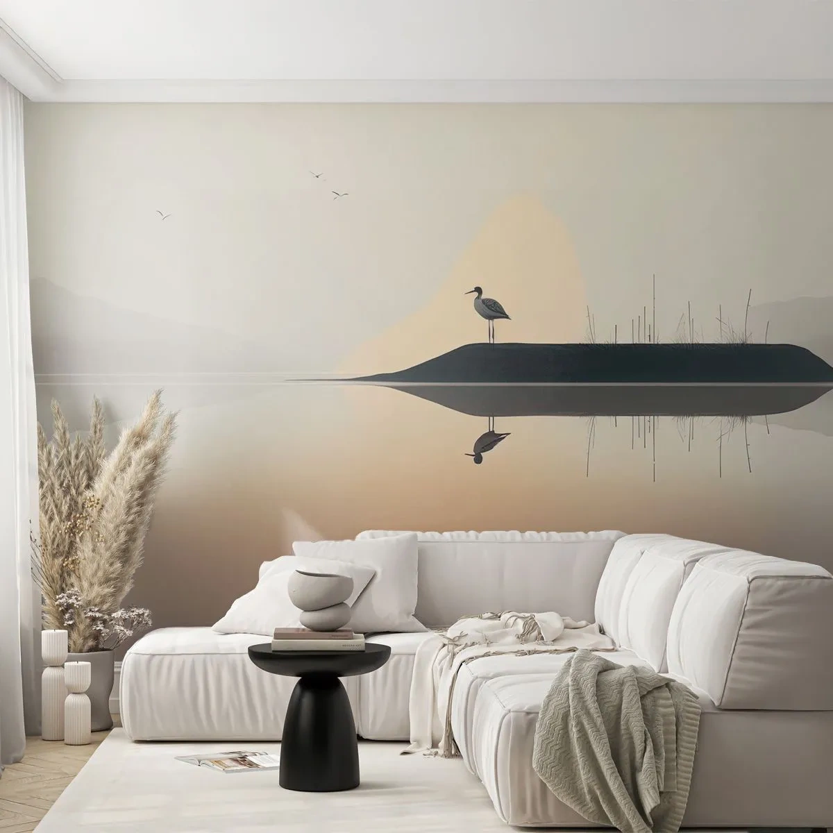 Fototapet Selvklæbende Deluxe Sticker - Herre på søen - Fugl, Landskab, Minimalisme - 300x210 cm