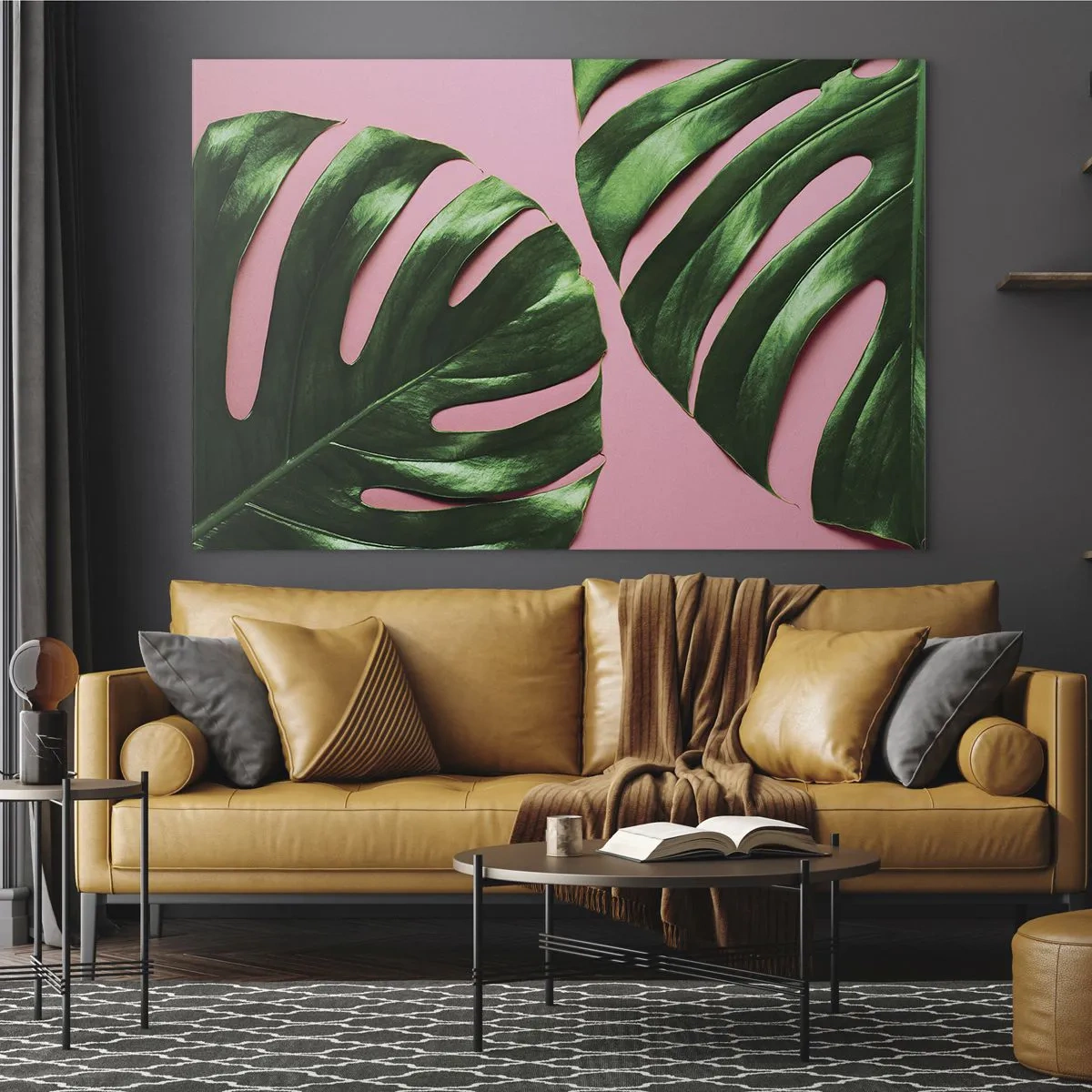 Billede på glas - Grønne monsterablade på en lyserød baggrund - 70x50cm - Grønt rendez-vous - Moderne vægdekoration til stue og soveværelse ARTTOR