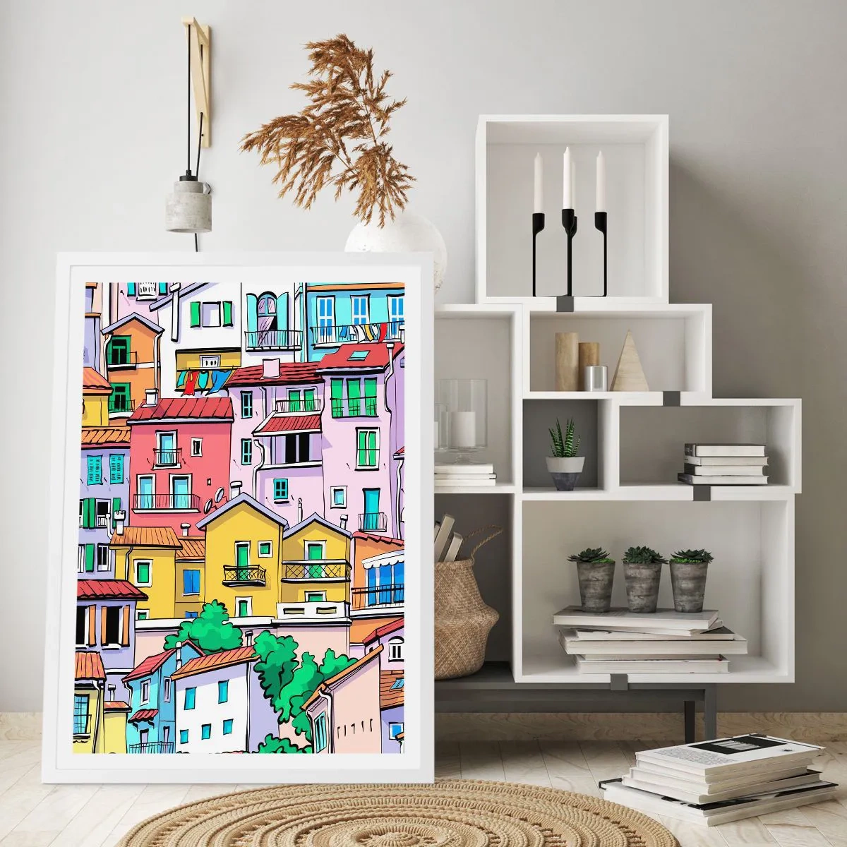 Plakat i hvid ramme - Glædelig by - 70x100 cm