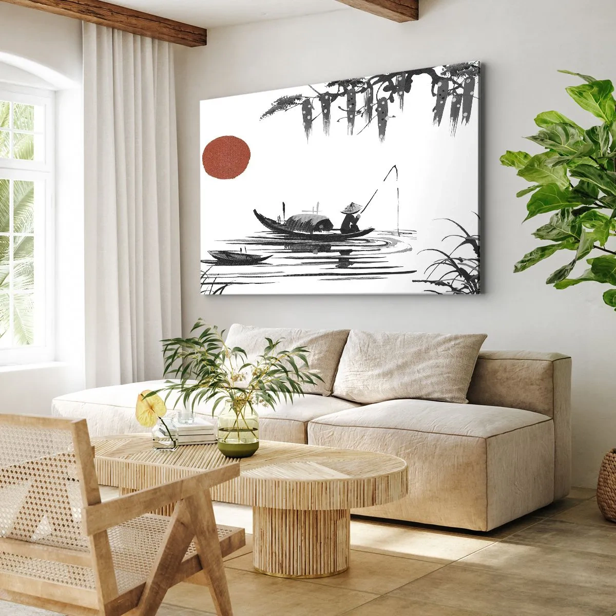Lærredstryk - Billede på lærred - Orientalsk landskab med en fisker på en båd og en rød sol - 70x50cm - En asiatisk eftermiddag - Moderne vægdekoration til stue og soveværelse ARTTOR
