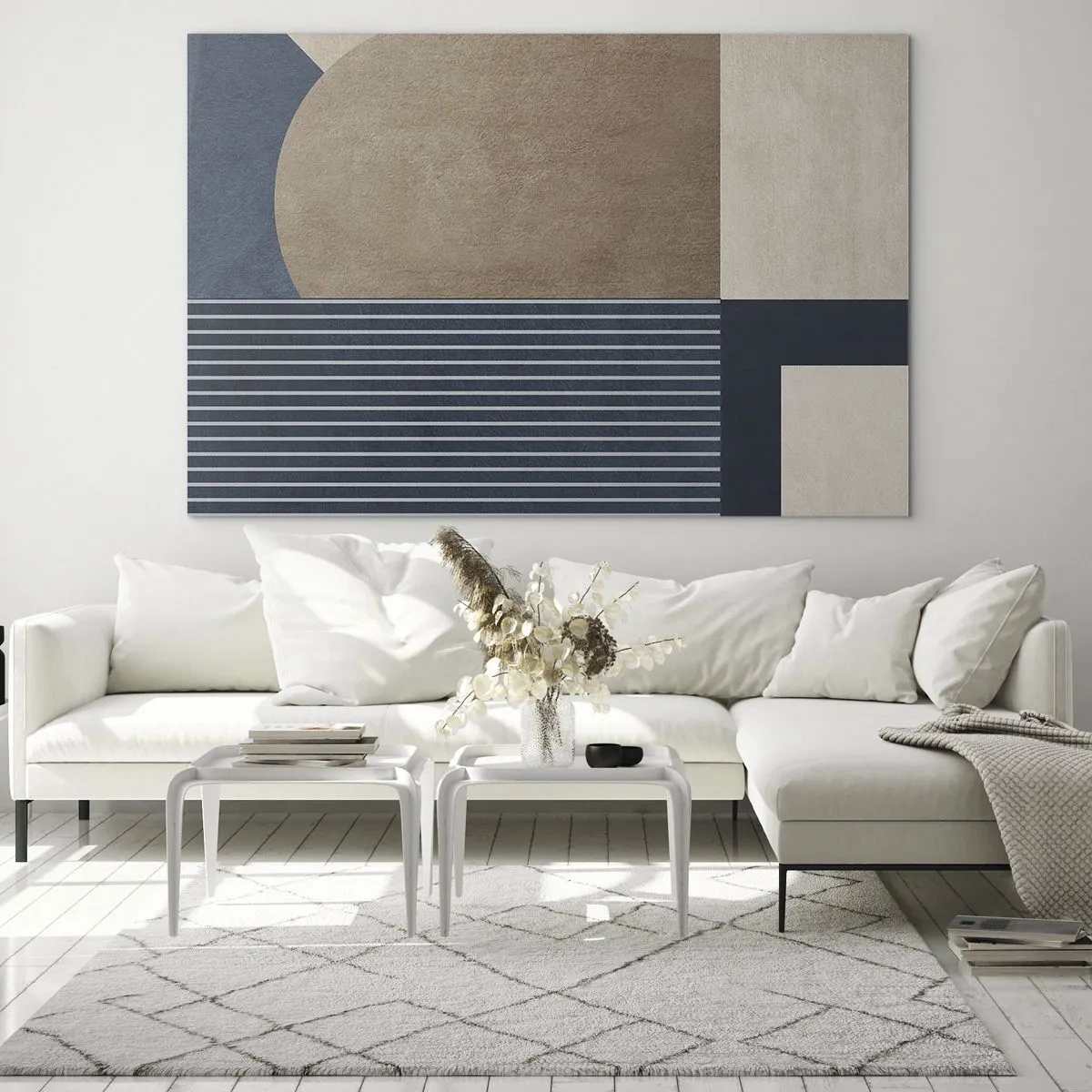 Billede på glas - En minimalistisk form med en cirkel og linjer i beige - 70x50cm - En komposition af enkelhed og rundhed - Moderne vægdekoration til stue og soveværelse ARTTOR