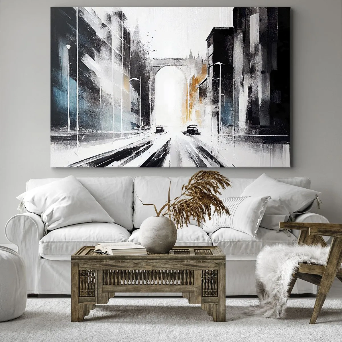 Lærredstryk - Billede på lærred - Abstrakt bypanorama med en buet bro - 70x50cm - Bystudie: arkitektur og bevægelse - Moderne vægdekoration til stue og soveværelse ARTTOR